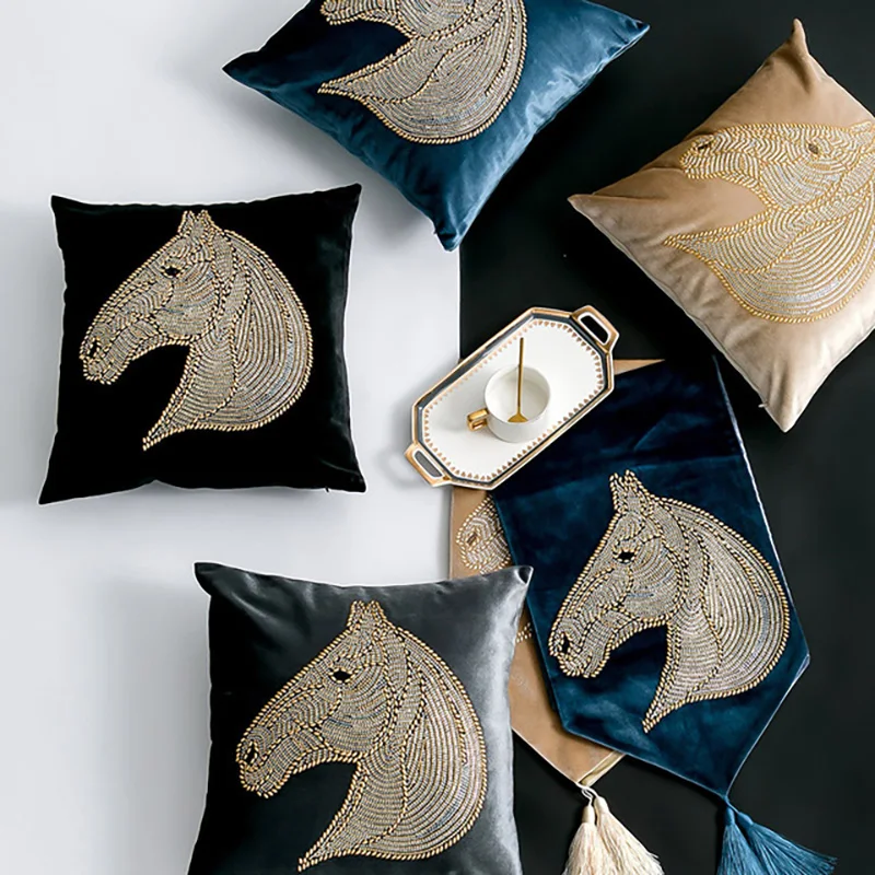 Flat Velvet Pillowcase Decorative For Sofa Throw Pillow Hot Drillint Horse Head cushion Cover Decoration Pillows For Living Room