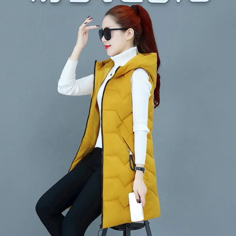 Women Cotton Vest Winter Autumn New Female Sleeveless Waistcoat Hooded Warm Long Vest Solid Coat with Zipper