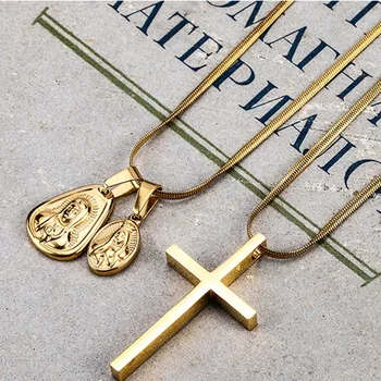 

Stainless Steel Golden Small Cross and Mary Pendant Necklace Hip Hop Charm Jewelry for Couple Punk Gift 50cm/60cm Length