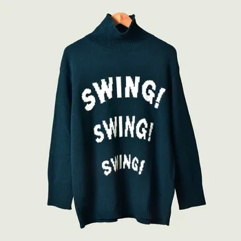 

2019 new fall and winter temperament wild solid color turtleneck letters printed women loose sweater top