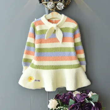 

2020 New Girls Winter Clothes 2020 Girl Clothes Cute Crystal Mink Striped Rainbow Sweater Dress Children Clothing Outfits