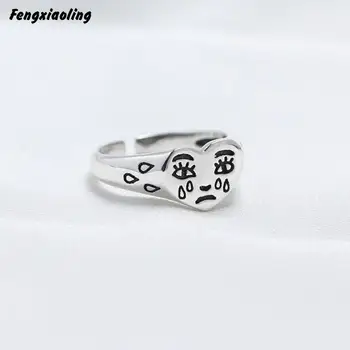 

Fengxiaoling 100% Genuine 925 Sterling Silver Creativity Heart Cry Rings For Women Crying Face Ring Fine Jewelry Cute Accessorie