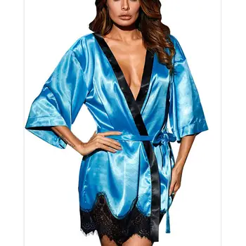 

Sexy Women Nightwear Lace Satin Silk Sexy Belt Tie Lace Sexy Homewear Sleepwear Robe For women Plus Size Robe