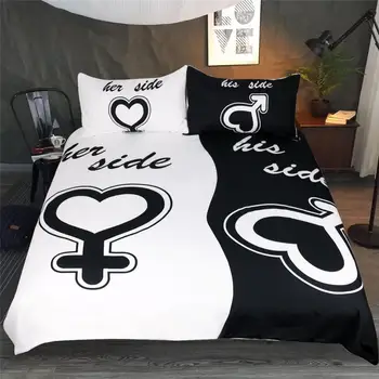 

3 Pieces His Side Her Side Bedding Set Black White Duvet Cover Set with 2 Pillow Sham (without Comforter)
