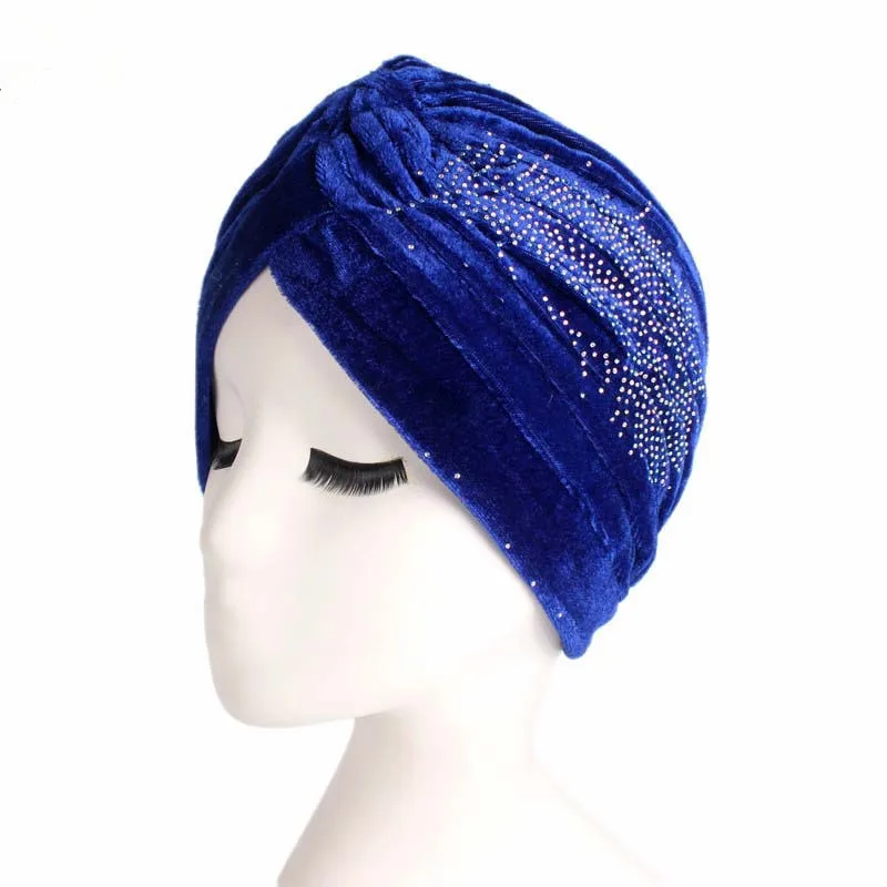 royal blue Helisopus Новая Женская индийская шляпа леди тюрбан в стиле ретро бархатная шляпа с рюшами тюрбан Chemo головной убор хиджаб шапка головной убор - Цвет: royal blue
