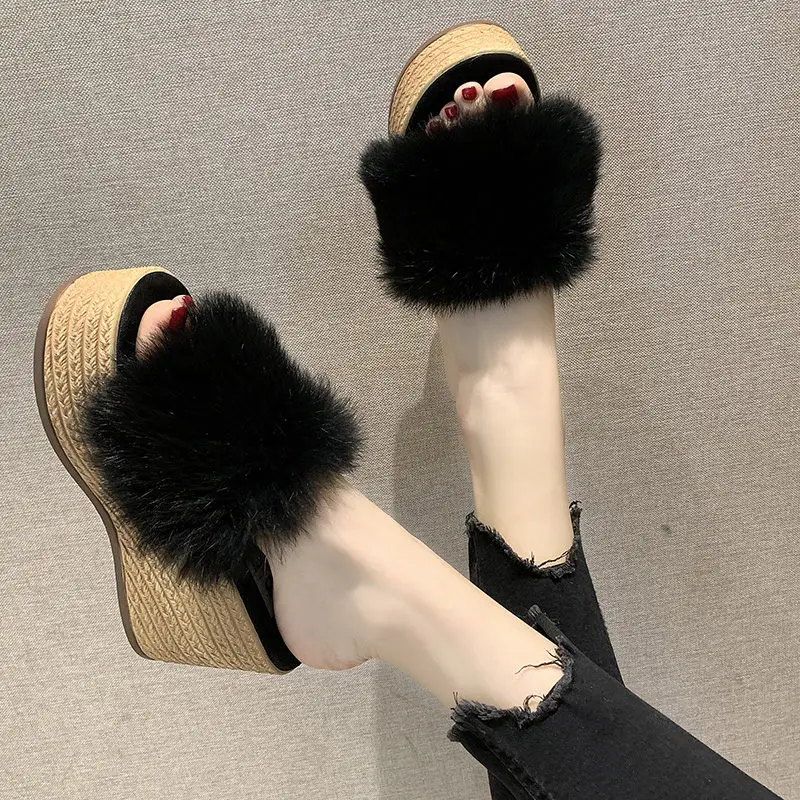 

beach wedge slippers women summer platform sandals slides women high heel slippers faux fur flip flops women slippers open toe