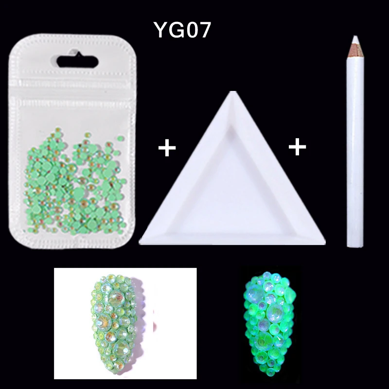 Set YG07 Микс ss6-ss20 светящийся неоновый дизайн для ногтей Стразы Светящиеся в темноте флуоресцентные хрустальные камни с точечной ручкой наборы маникюрные украшения - Цвет: Set YG07