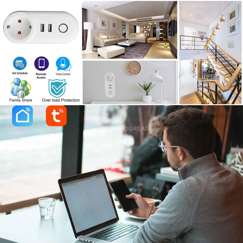 Najtaniej inteligentne gniazdko wifi gniazdo usb wtyczka eu Pilot energii regulator eu gniazdko usb wtyczka z wylacznikiem adapter 240v wifi gniazdka Alexa Google Home Tuya Smart Life APP wi fi gniazdko inteligentna wtyczka USB