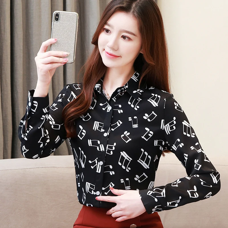  Music Note Print Tops and Blouses Korean Style Women Long Sleeve Casual Shirt Spring Autumn Womens 