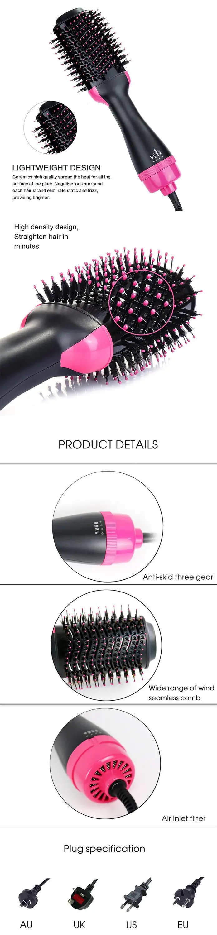 Professional Negative Ion Hair Dryer Brush Multifunctional Hot Air Brush Hair Curler Iron Blow Dryer Brush Ionic Salon Hair Tool