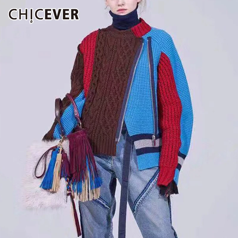 CHICEVER лоскутный хит цветной женский свитер с длинным рукавом и круглым вырезом на