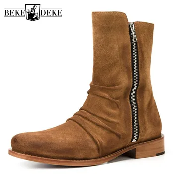 

Fashion New Chelsea Boots Men Pointed Toe Pleated British Retro Safety Boots Work Shoes Genuine Leather Double Zip Cowboy Botas