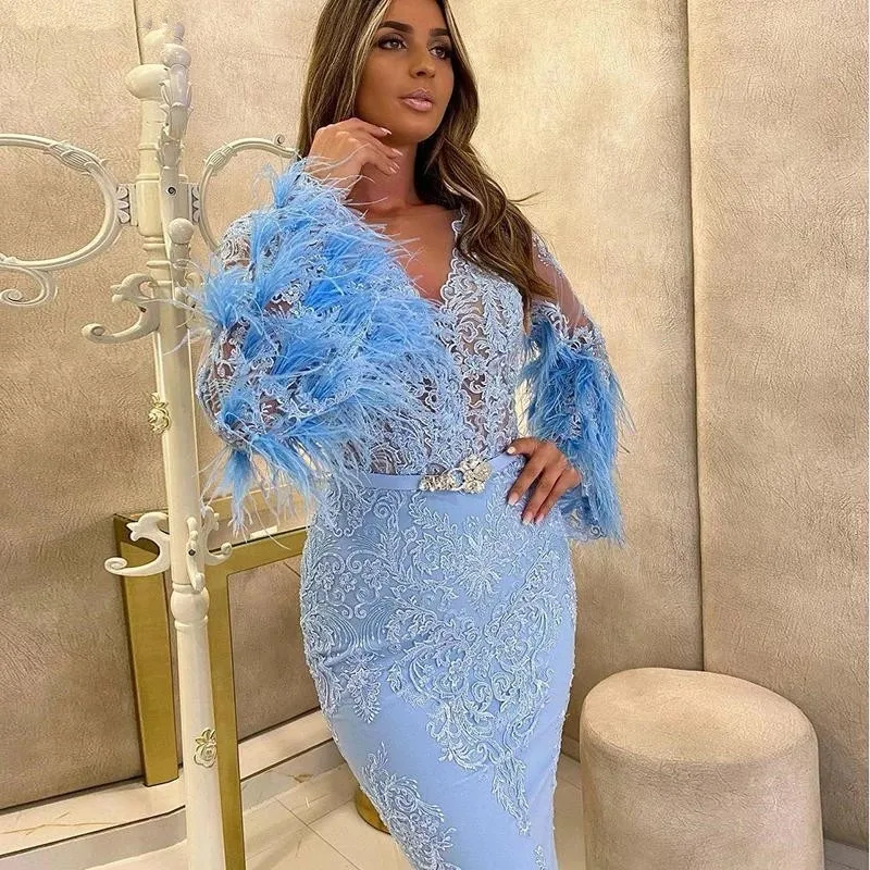 Sky Blue Cocktail Dresses Sheath V-neck Long Sleeves Tea Length Appliques Feather Party Homecoming Dresses Customized