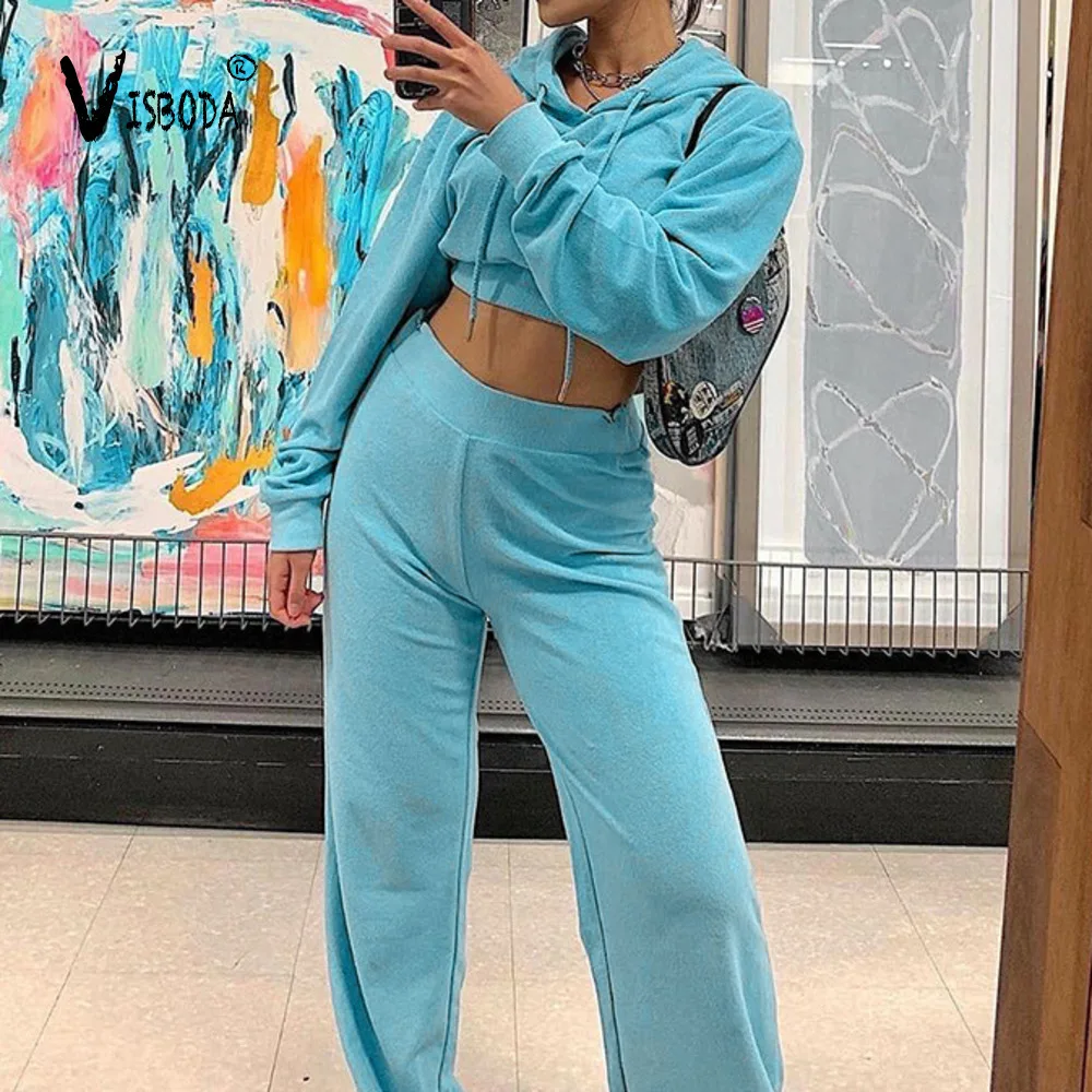 

Women Casual Blue Fleece Tracksuits 2 Piece Set Fashion 2019 Autumn Female Loose Long Sleeve Crop Hoodies Sweatshirt Pants Suit