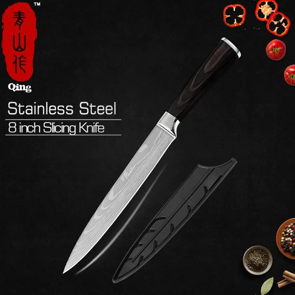 8 inch Slicing Knife Qing Laser дамасский нож для нарезки из нержавеющей стали нож для лосося суши рыбы филе Секач шеф-повара кухонные инструменты для приготовления пищи - Цвет: 8 inch Slicing Knife