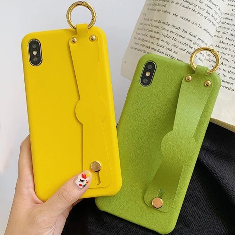 Solid Color PU Leather Phone Case for iPhone 6 6s 7 8 Plus X Xs XR Max Wrist Strap Hand Band Cover |