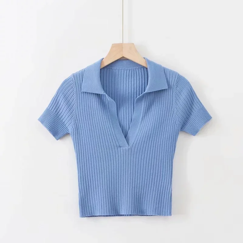 Летняя женская рубашка поло, женские шорты с коротким рукавом, белый однотонный короткий рубашки поло, женская уличная одежда-80 - Цвет: Blue