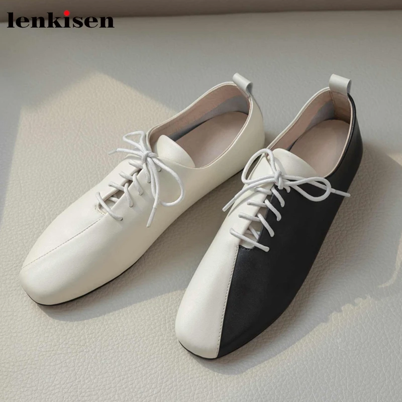 

Lenkisen genuine leather square toe low flat with mixed colors concise style campus lace up beauty lady autumn women shoes L22