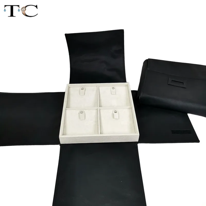 Новый квадратный 4 сетки серый бархат мягкий Ювелирный Браслет Дисплей сумка для хранения Портативный PU кожаный упаковка для ювелирных
