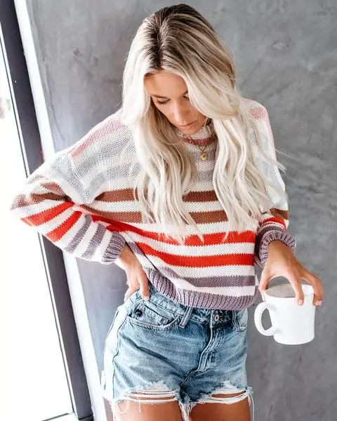 Полосатый Радужный трикотажный свитер для женщин джемпер Дамы Crewneck Радуга Полосатый пуловер свитера толстый теплый свитер женский зимний