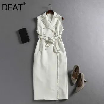 

DEAT 2020 new turn-down collar sleevless double breasted high waist belts pockets long vest dresses female OL WG72417L