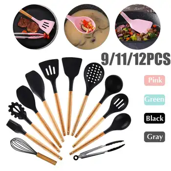 

9/11/12PCS Silicone Cooking Utensils Set Non-stick Spatula Shovel Wooden Handle Cooking Tools Set Heat Resistant Kitchenware