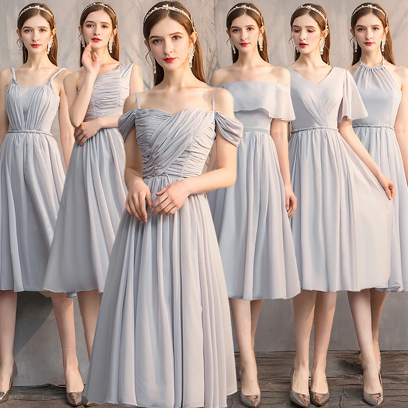 Bridesmaids Dresses Illusion Luxury Gray A-Line Sleeveless Strapless Pleat One Shoulder Lace Tulle Women Wedding Party Gown E071