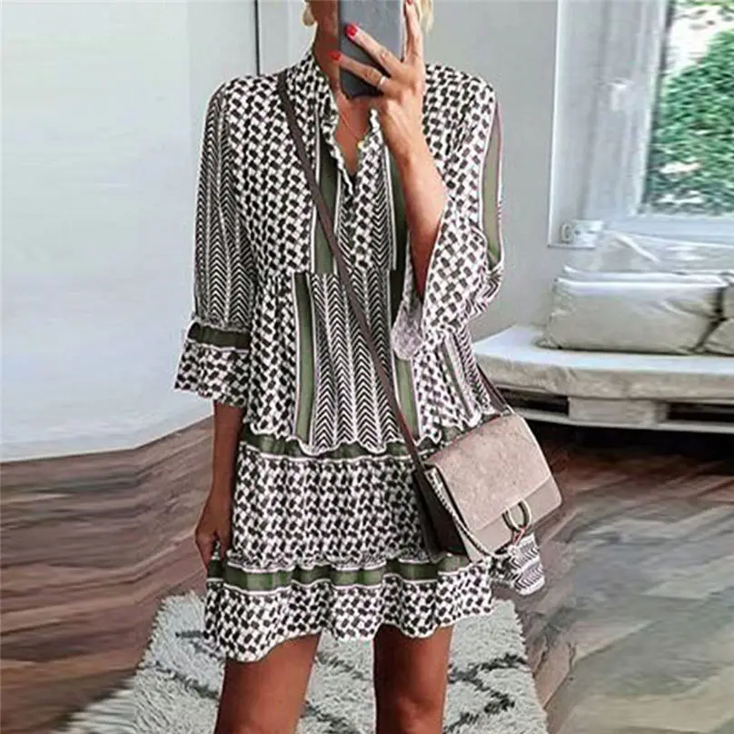New Fashion Women Casual Autumn Dress 2019 Patchwork Three Quarter Sleeve Ruffles Party Mini Dress платье vestidos 3Y30 (18)