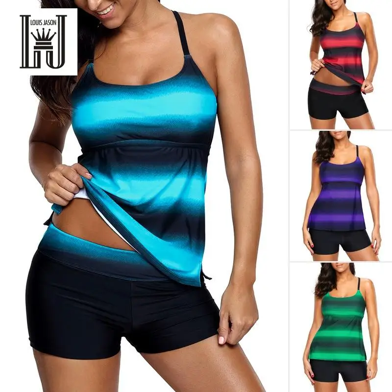 

LOUIS JASON Swimwear Women Gradient Stripe Swimwear Female Low Waist Strap Conservative 2 Piece Swimsuit Bikini Set Beach Dress