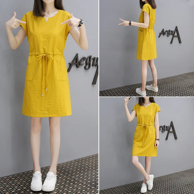 

2019 Summer New Style Dress WOMEN'S Dress Korean-style V-neck Skirt Pull-belt Loose-Fit Slimming Cotton Linen Dress Women's