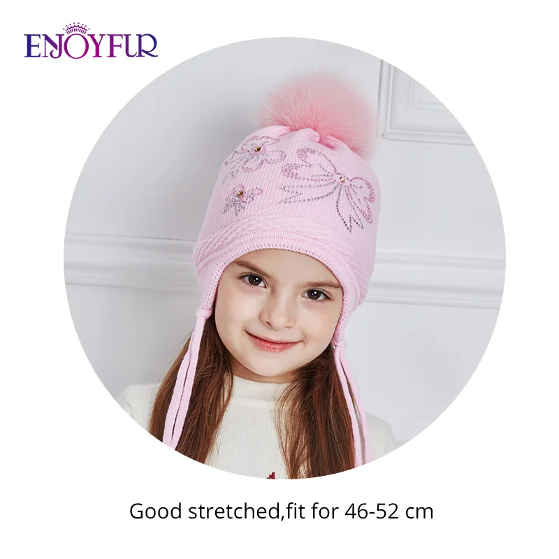 ENJOYFUR Rhinestones Bow-Knot Children Winter Hats Real Fox Fur Pompom Knitted Hat Girl Beautiful Pink Girls Beanies Autumn Caps