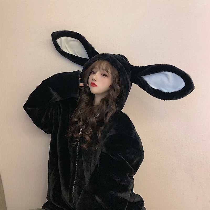 trendy hoodies for women Gothic Harajuku Couple Hoodies Cute Rabbit Ears Black Hooded Outwear Women 2022Sweet Loose Warm Plush Coats Autumn Winter Jacket sweatshirts for girls