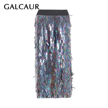 

GALCAUR Korean Patchwork Tassel Womens Skirt Elastic High Waist Skirts Female 2020 Autumn New Ladies OL Style Fashion Clothing