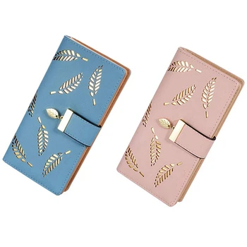 

2pcs Women's Leaf Wallet Long Leather Card Holder Purse Zipper Buckle Elegant Wallet - Pink & blue