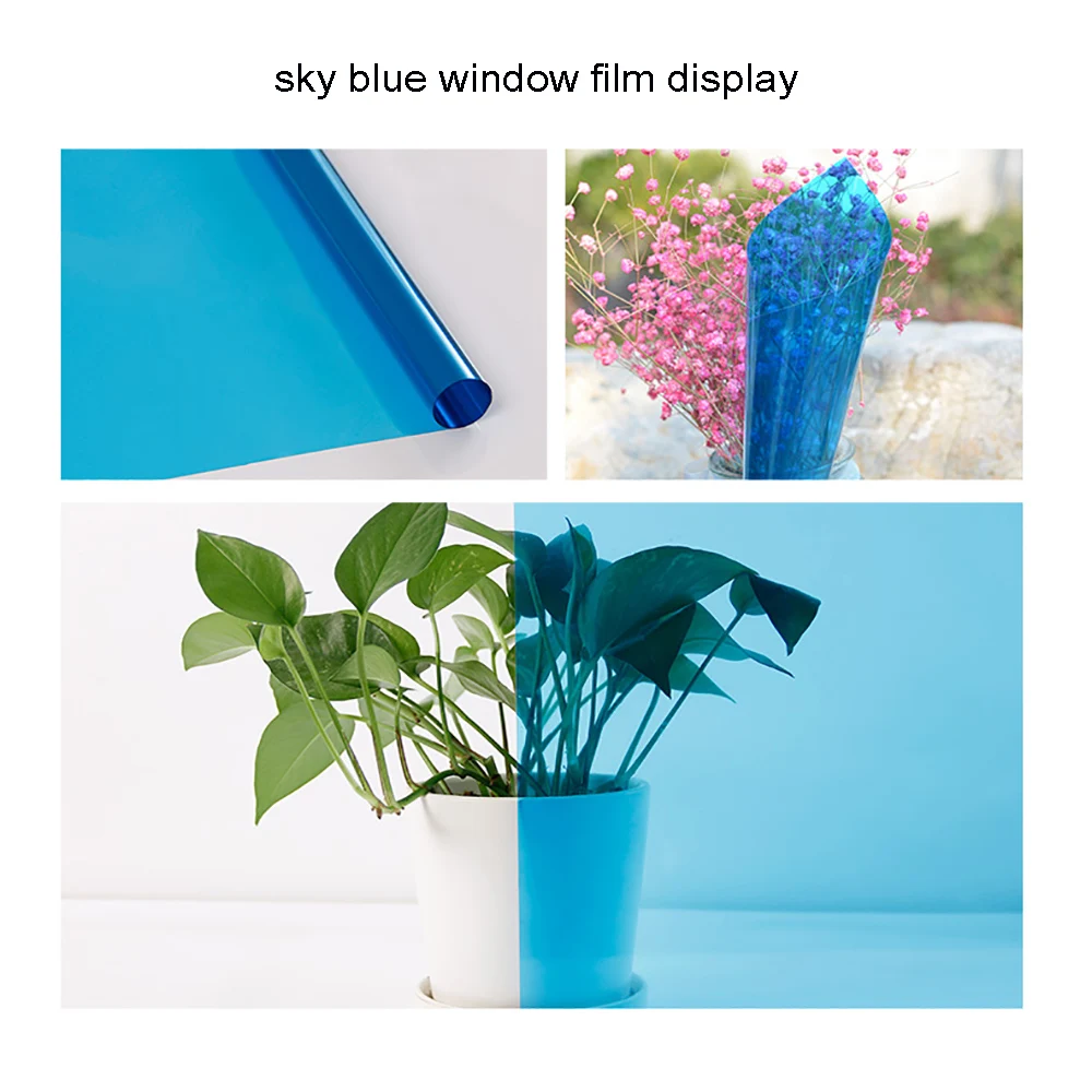 Window Tint Film Sunice 152cmx50cm Sky Blue Decorative Window Tint Film Clear Home Building Glass Decor Self-Adhesive Home Decor Anti-UV Stickers