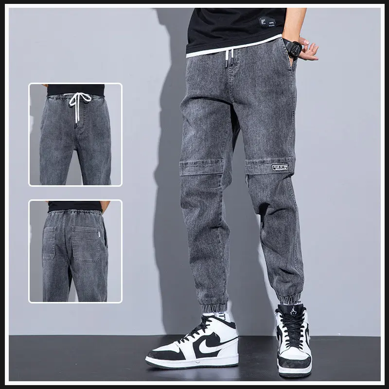 ICCLEK Jeans Men's 2021 Fall New Style Harem Pants with Drawstring Multi-pocket Denim Casual Pants Men Plus Size Jeans