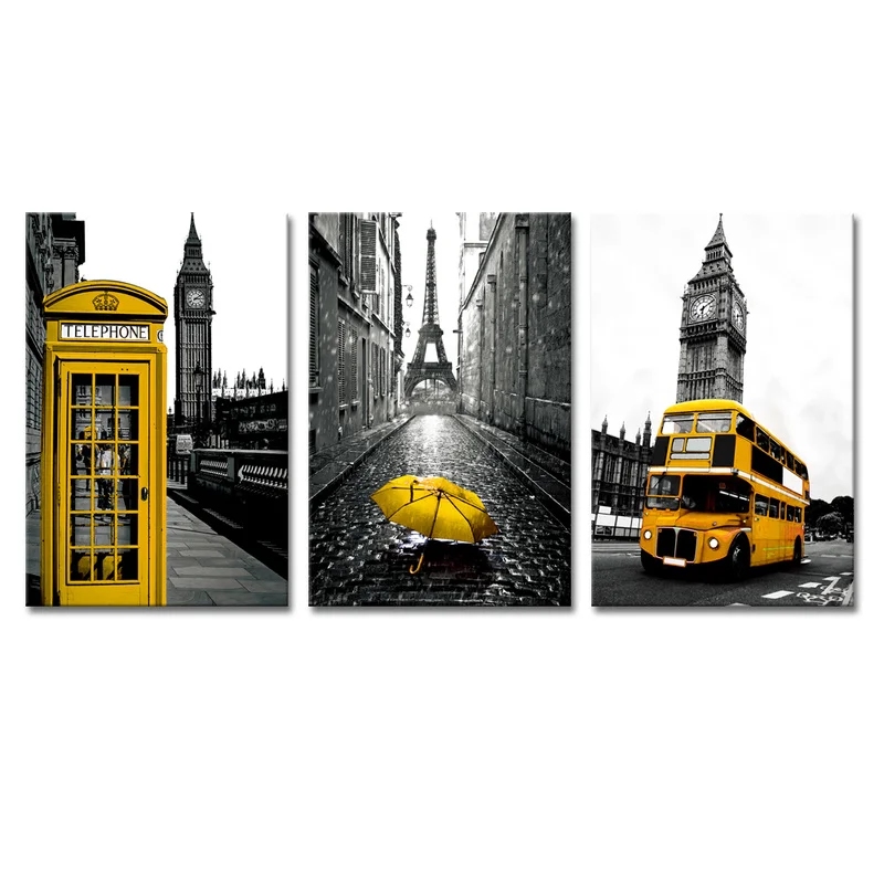 Street View of London and Paris Wall Art Canvas Painting 3 Pieces Black Yellow Poster Modern Style Living Room Decoration | Дом и сад