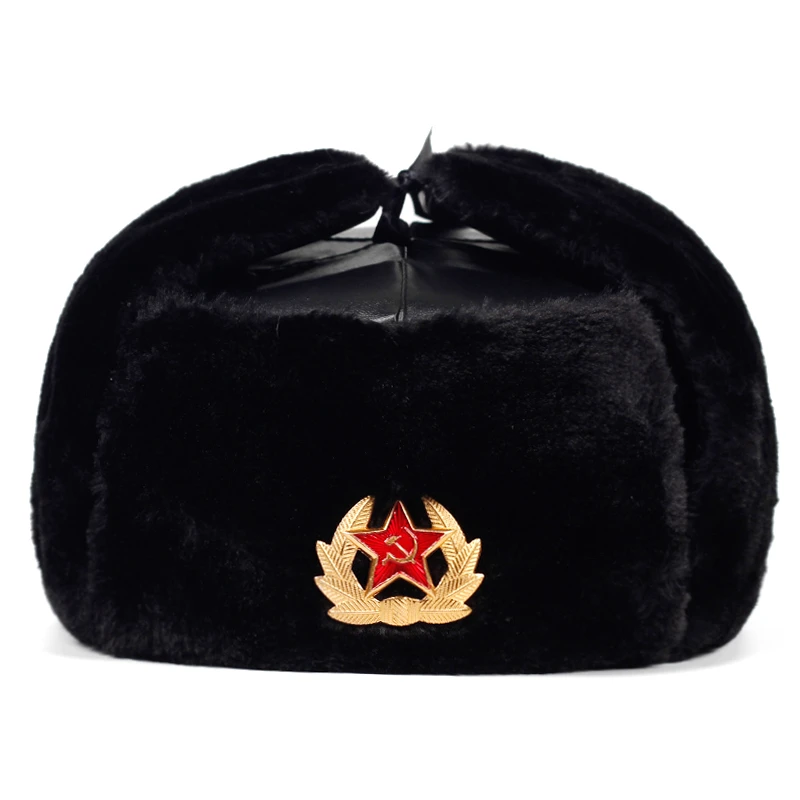 Stalin Rabbit Hat Soviet Army Military Badge Russia Bomber Hats Pilot Trapper Trooper Hat ...