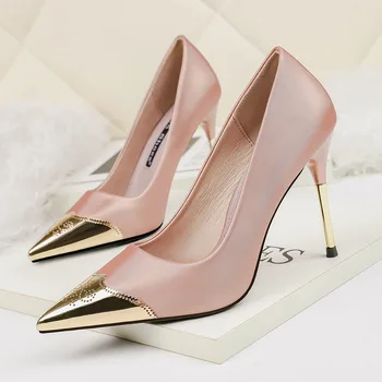 

metal carved pointed toe pumps shoes super high thin heels slip on ladies stilettos shallow champagne mules women shoes big size