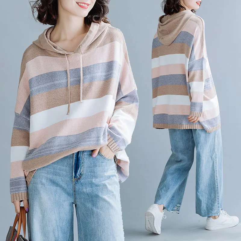 

BIG SIZE 4XL Autumn Winter Women Fashion Elegant Striped Knit Tops Female Ladies Plus Large Batwing Sleeve Loose Hooded Sweater