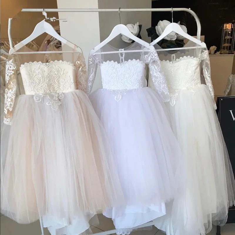 215Kids Puffy Ivory Tulle Lace Ball Gown Flower Girl Dresses Puffy Satin Bow Girl Princess Dresses Long Kids Communion Dresses