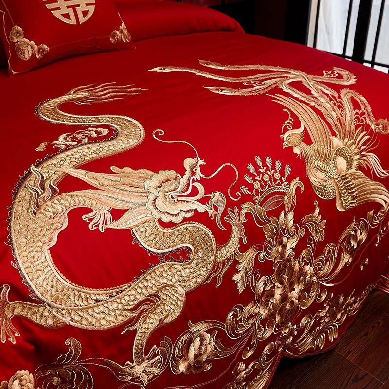 Роскошный красный хлопок Золотой Феникс Лун Роза вышивка китайский набор свадебного постельного белья пододеяльник простыня-покрывало наволочка