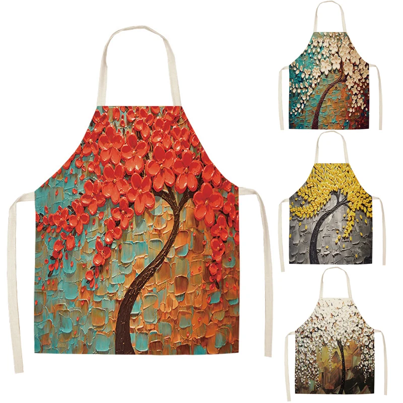 

High-Quality Tree Flower Printed Cotton Linen Sleeveless Aprons Home Cleaning Kitchen Cooking Baking Apron For Women Men
