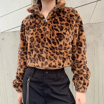 

Fashion new hoodie leopard print crop short zipper female jacket casual streetwear hip hop femme coat