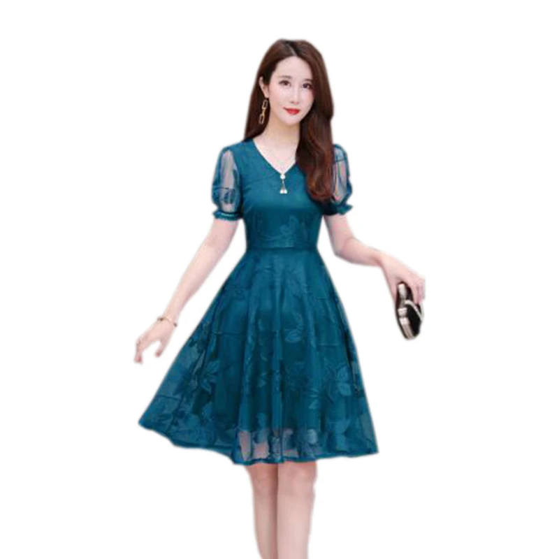 

Women Spring Summer Style A-lIne Dresses Lady Casual Short Sleeve V-Neck Knee Length Lace Dress Vestidos SS447