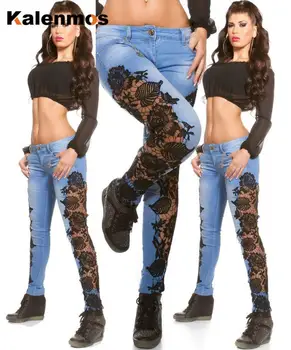 

KALENMOS Long Denim Pants Women Jean Sexy Lace Hollow Low Waist Trousers 2020 Autumn Women Clothes Solid Skinny Jeans Ropa Mujer