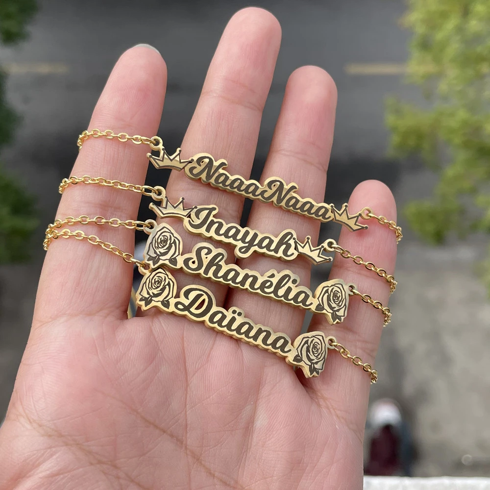 Corona de rosas con nombre personalizado, collar de acero inoxidable, galvanoplastia al vacío, láser, collar grabado, Hip Hop, colgante con con nombre|Personalizado Collares| -