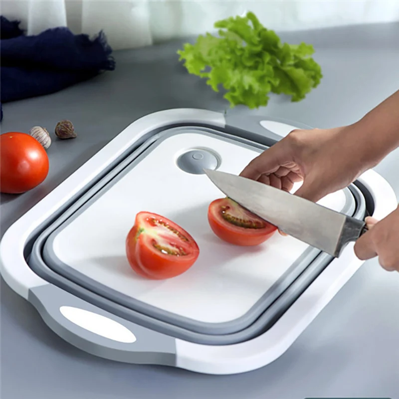 Online 4 en 1 tabla de cortar plegable cesto plegable plato bañera con tapón colador frutas verduras lavar drenaje fregadero cesta de almacenamiento