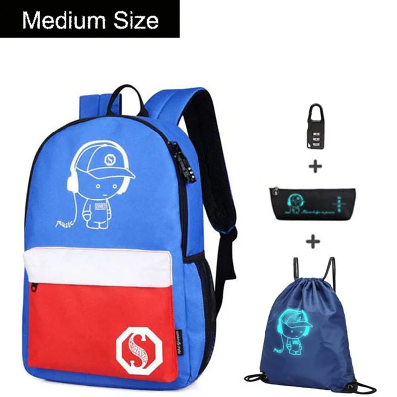 Аниме светящийся Оксфорд школьный рюкзак на плечо до 15,6 дюймов с usb зарядным портом и замком школьная сумка для мальчика черный - Цвет: G medium size 1 set