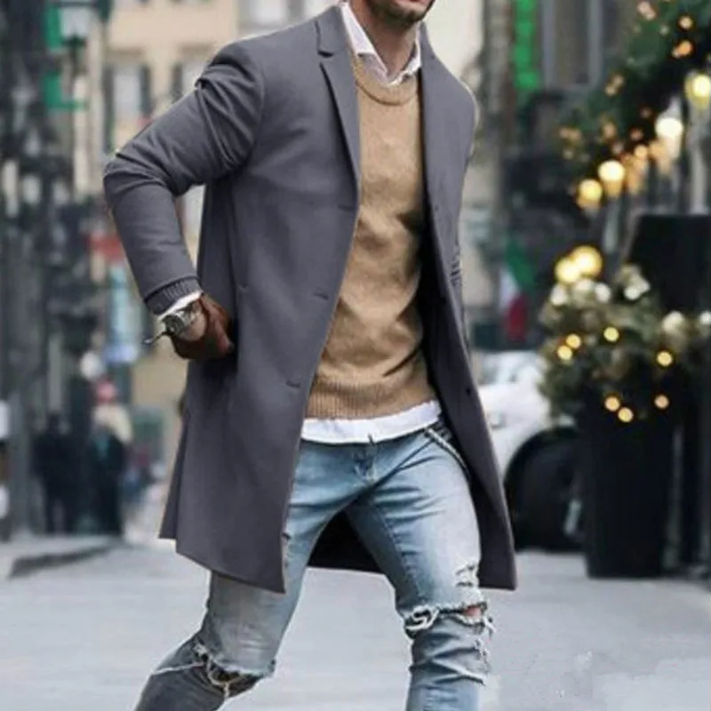 

Winter Men Woolen Coat New Fashion High-quality Plus Velvet Pure Color Simple Mid-length Wool Jacket Lapel Luxury Brand Clothing